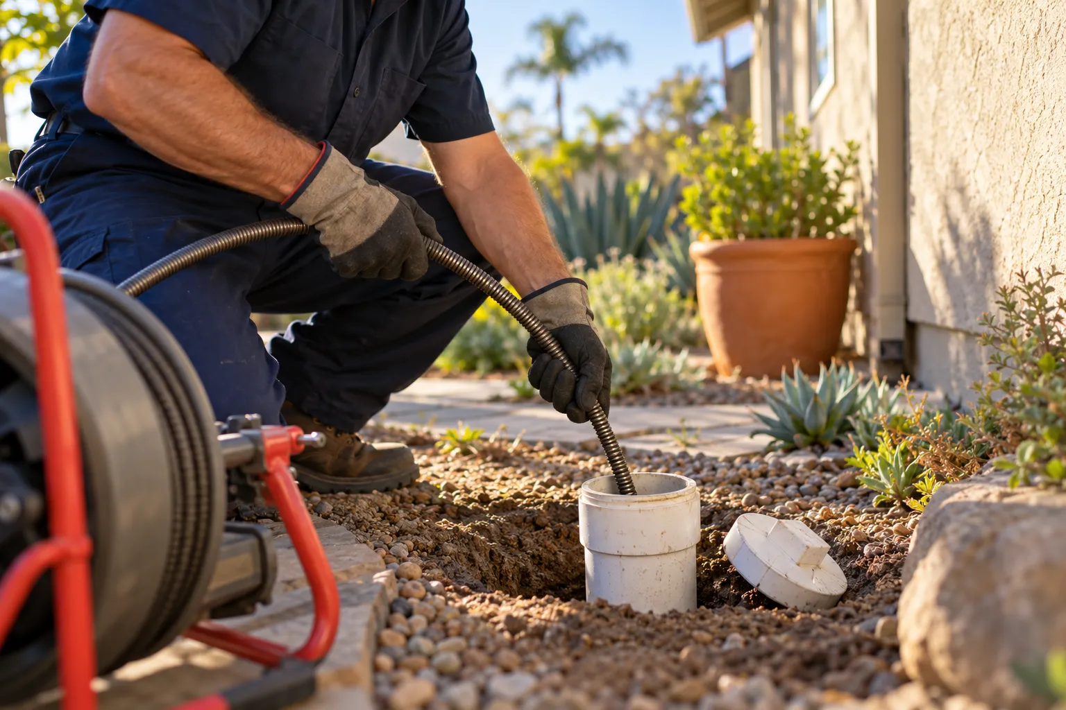 A drain cable being fed into a sewer cleanout in a sunny backyard