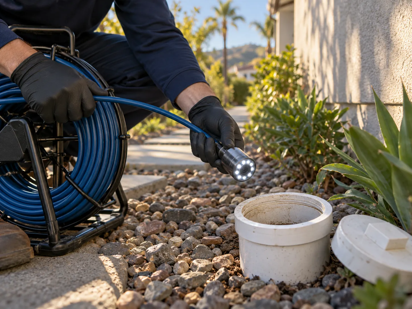 Gloved hands holding the lit head of a pipe inspection camera next to a cleanout