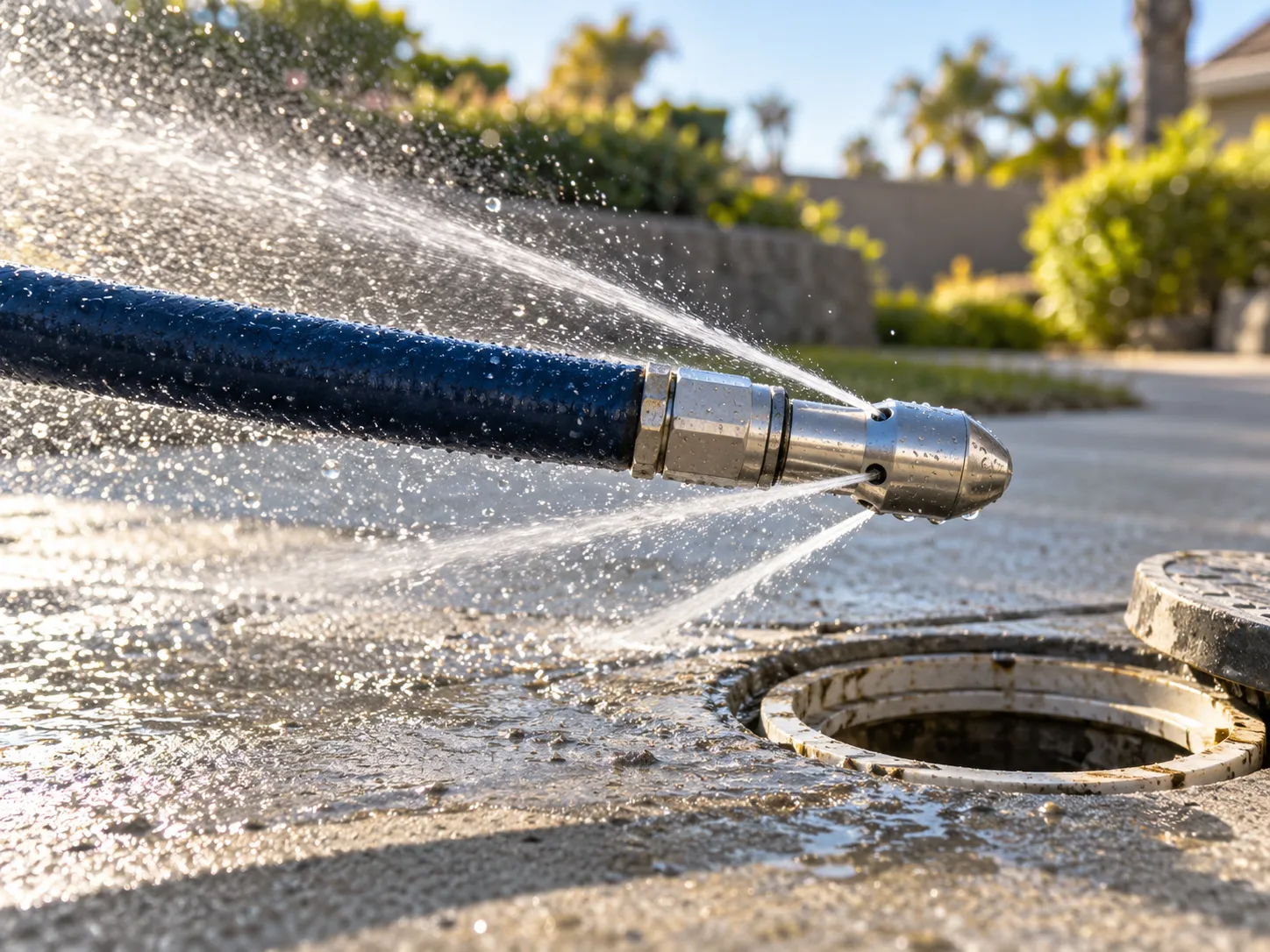 A hydro-jetting nozzle spraying fine jets of water beside an open cleanout
