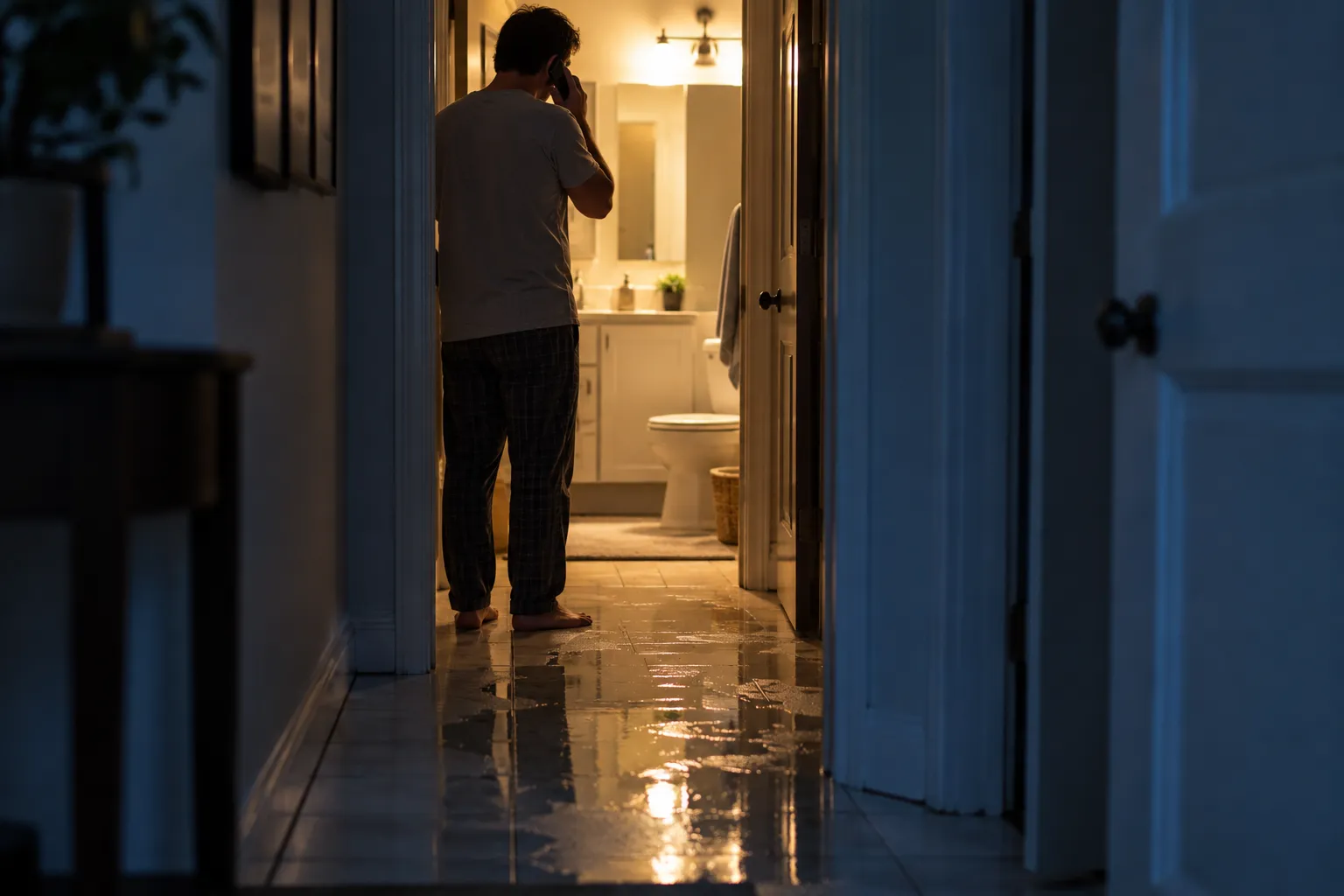 A homeowner on the phone at night beside a bathroom with water on the floor