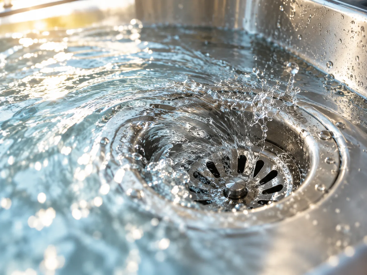 Clear water swirling down a stainless steel kitchen sink drain